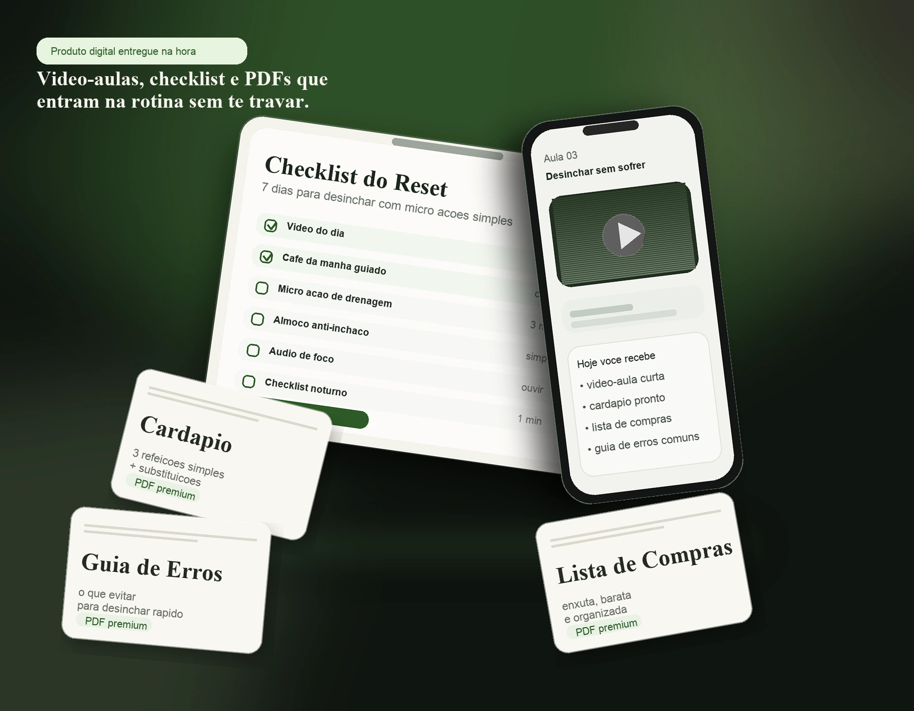 Mockup 3D com smartphone, tablet e PDFs do protocolo Reset Modo Caverna.